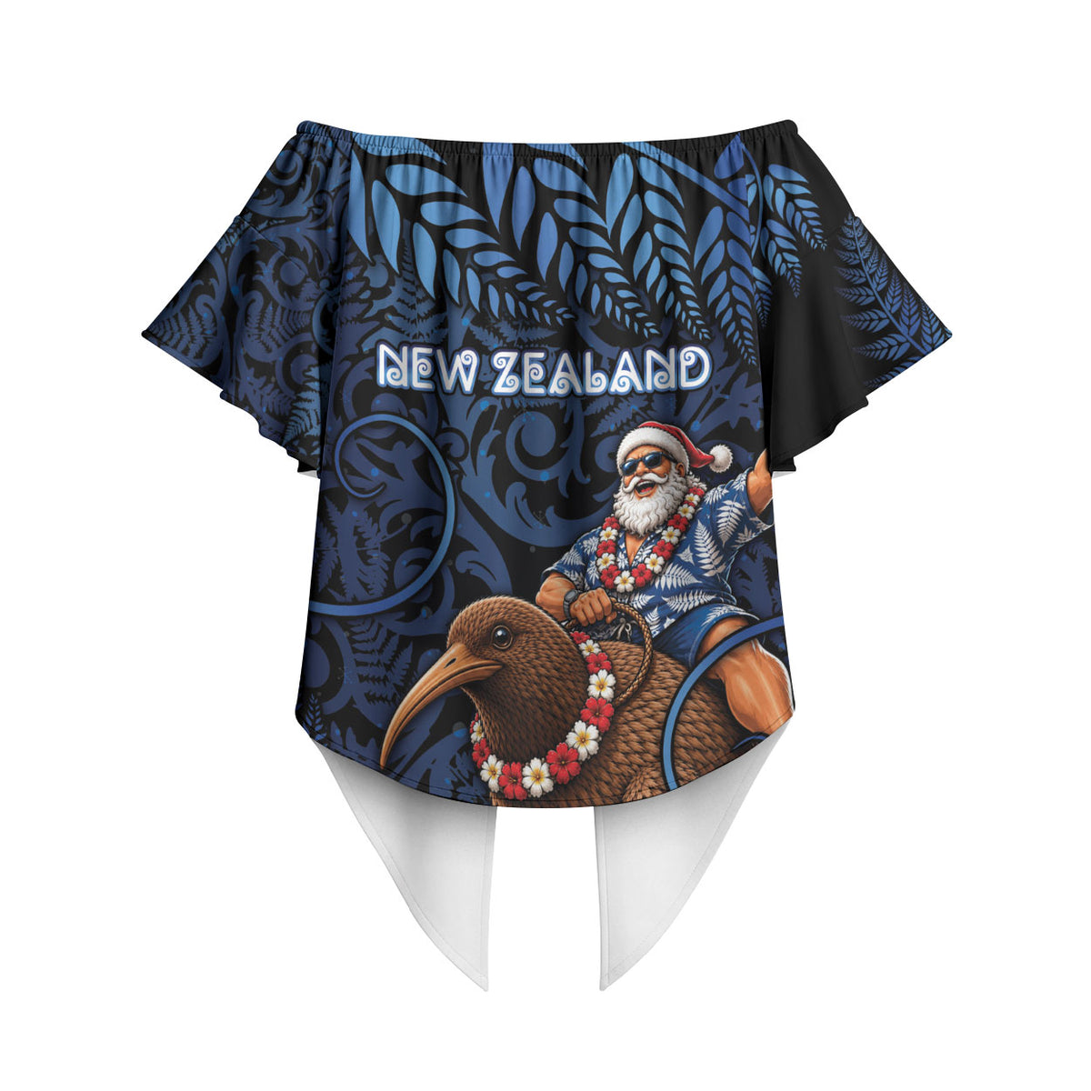 New Zealand Christmas Off Shoulder Wrap Waist Top Santa Riding Kiwi Bird Silver Fern