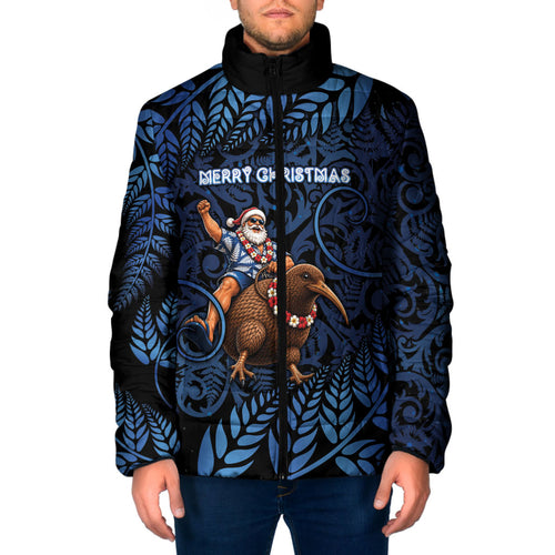 New Zealand Christmas Padded Jacket Santa Riding Kiwi Bird Silver Fern