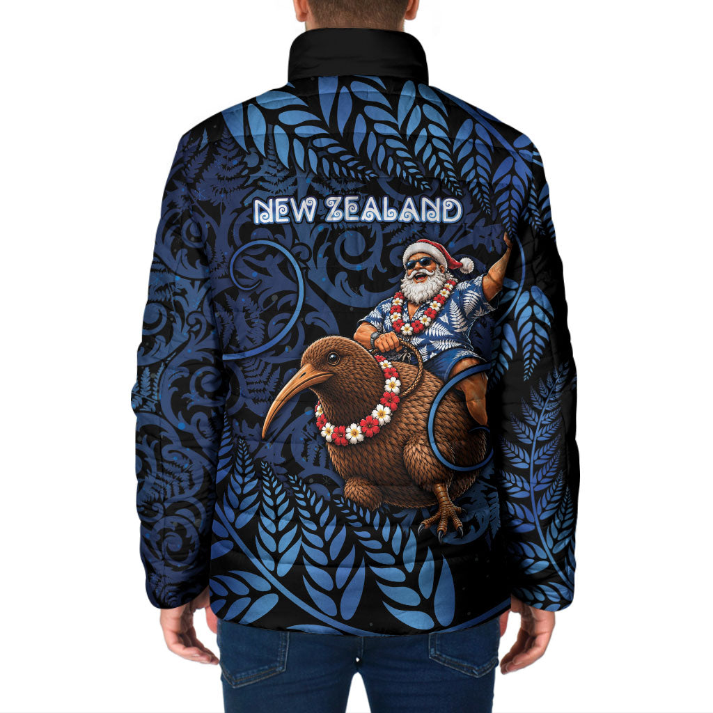New Zealand Christmas Padded Jacket Santa Riding Kiwi Bird Silver Fern