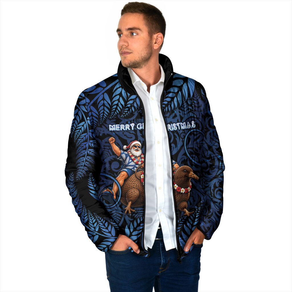 New Zealand Christmas Padded Jacket Santa Riding Kiwi Bird Silver Fern