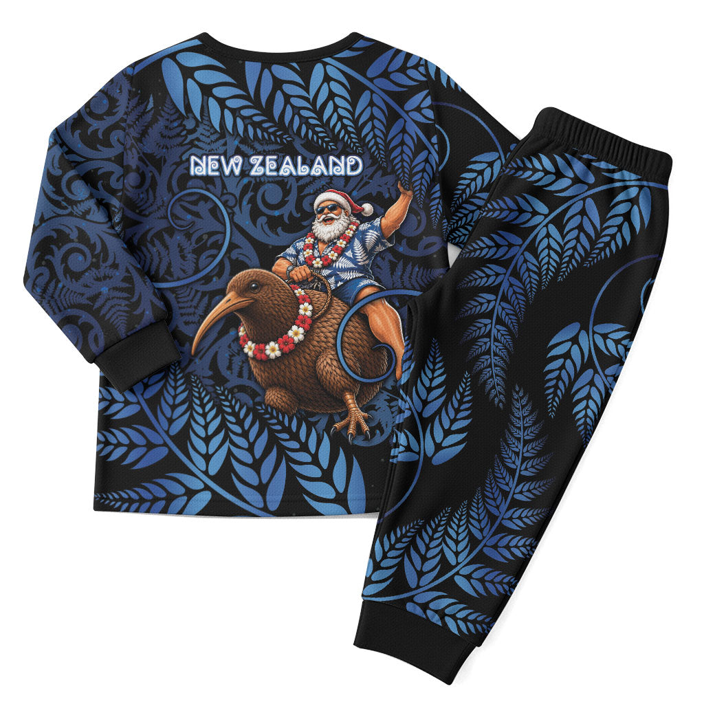 New Zealand Christmas Pajama Set Santa Riding Kiwi Bird Silver Fern