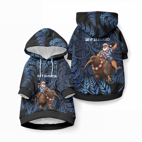 New Zealand Christmas Pet Hoodie Santa Riding Kiwi Bird Silver Fern