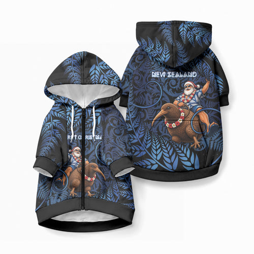 New Zealand Christmas Pet Hoodie Santa Riding Kiwi Bird Silver Fern