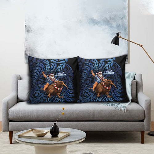 New Zealand Christmas Pillow Cover Santa Riding Kiwi Bird Silver Fern