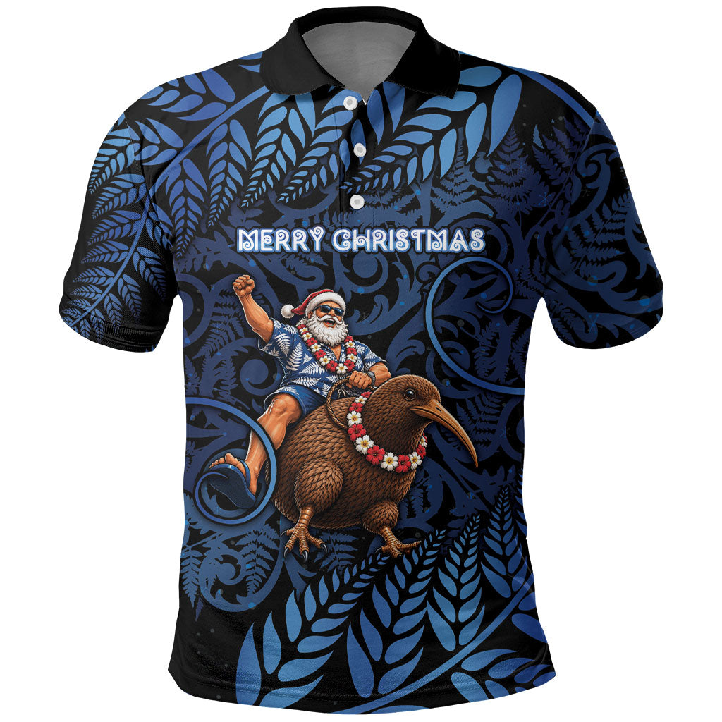 New Zealand Christmas Polo Shirt Santa Riding Kiwi Bird Silver Fern