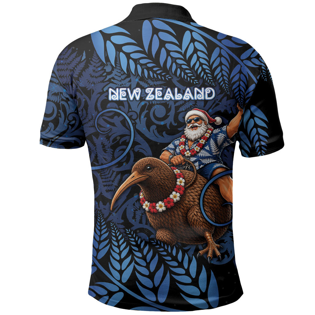 New Zealand Christmas Polo Shirt Santa Riding Kiwi Bird Silver Fern