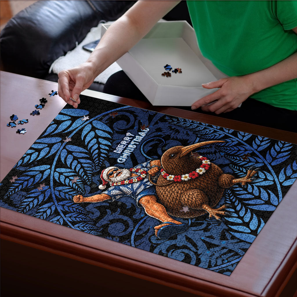 New Zealand Christmas Puzzle Santa Riding Kiwi Bird Silver Fern