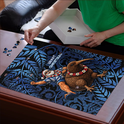New Zealand Christmas Puzzle Santa Riding Kiwi Bird Silver Fern