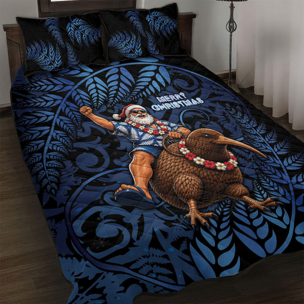 New Zealand Christmas Quilt Bed Set Santa Riding Kiwi Bird Silver Fern