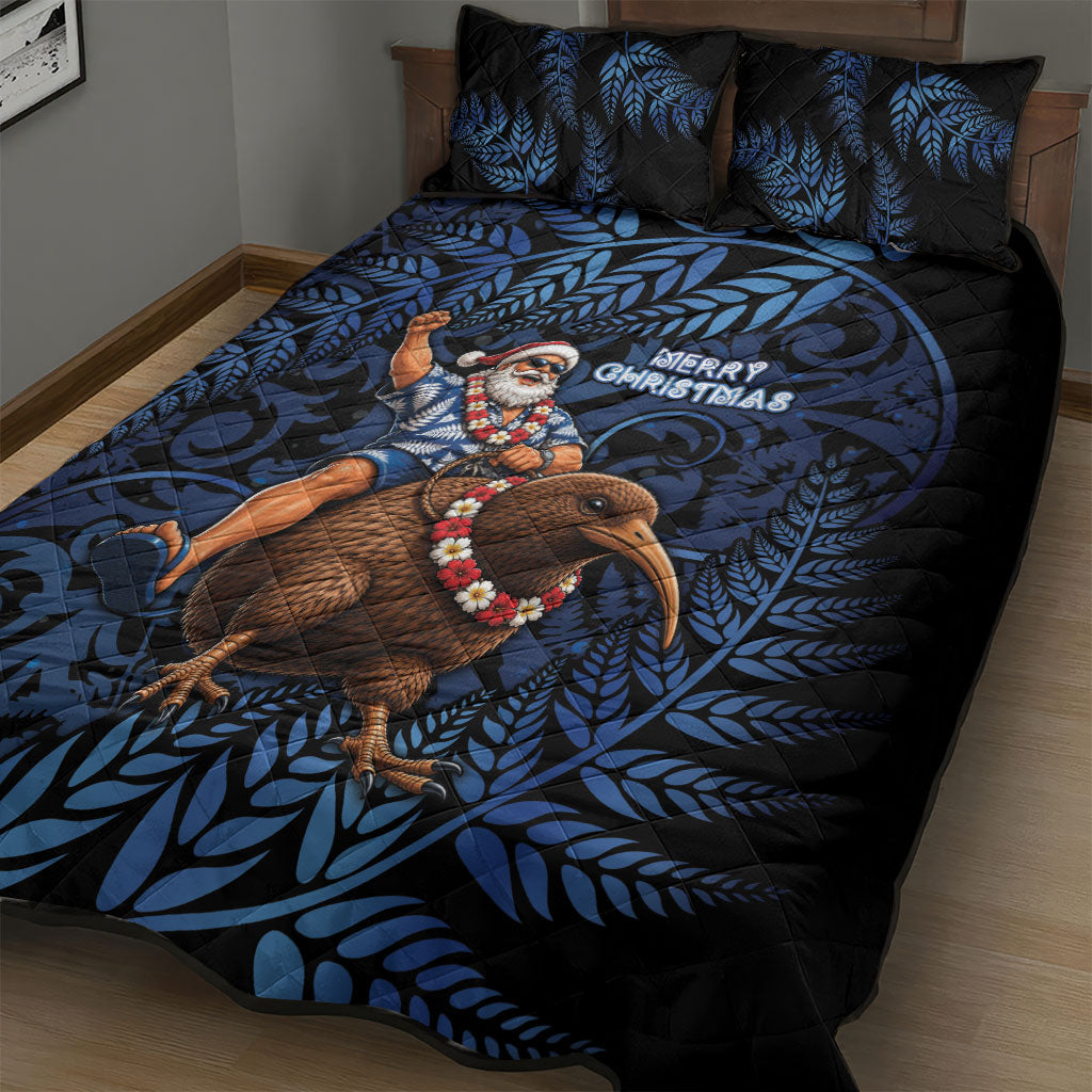 New Zealand Christmas Quilt Bed Set Santa Riding Kiwi Bird Silver Fern