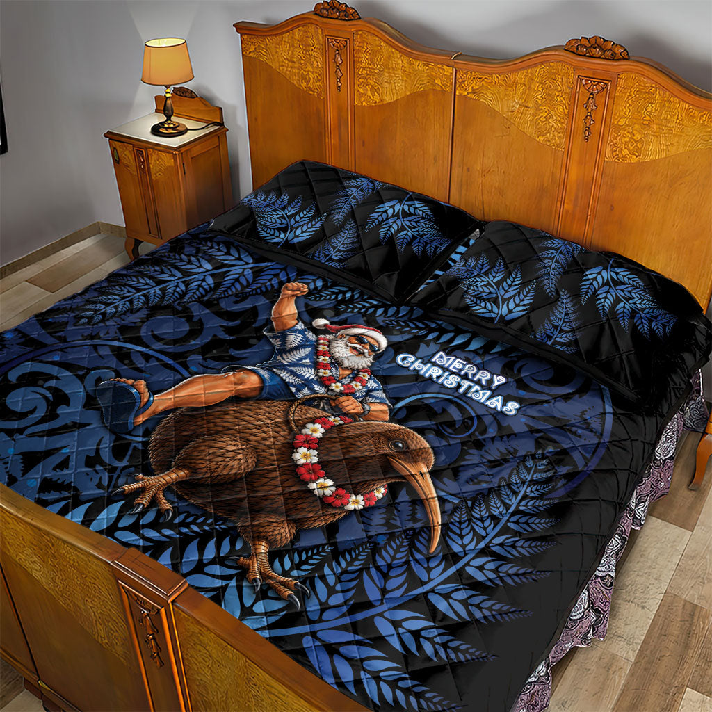 New Zealand Christmas Quilt Bed Set Santa Riding Kiwi Bird Silver Fern