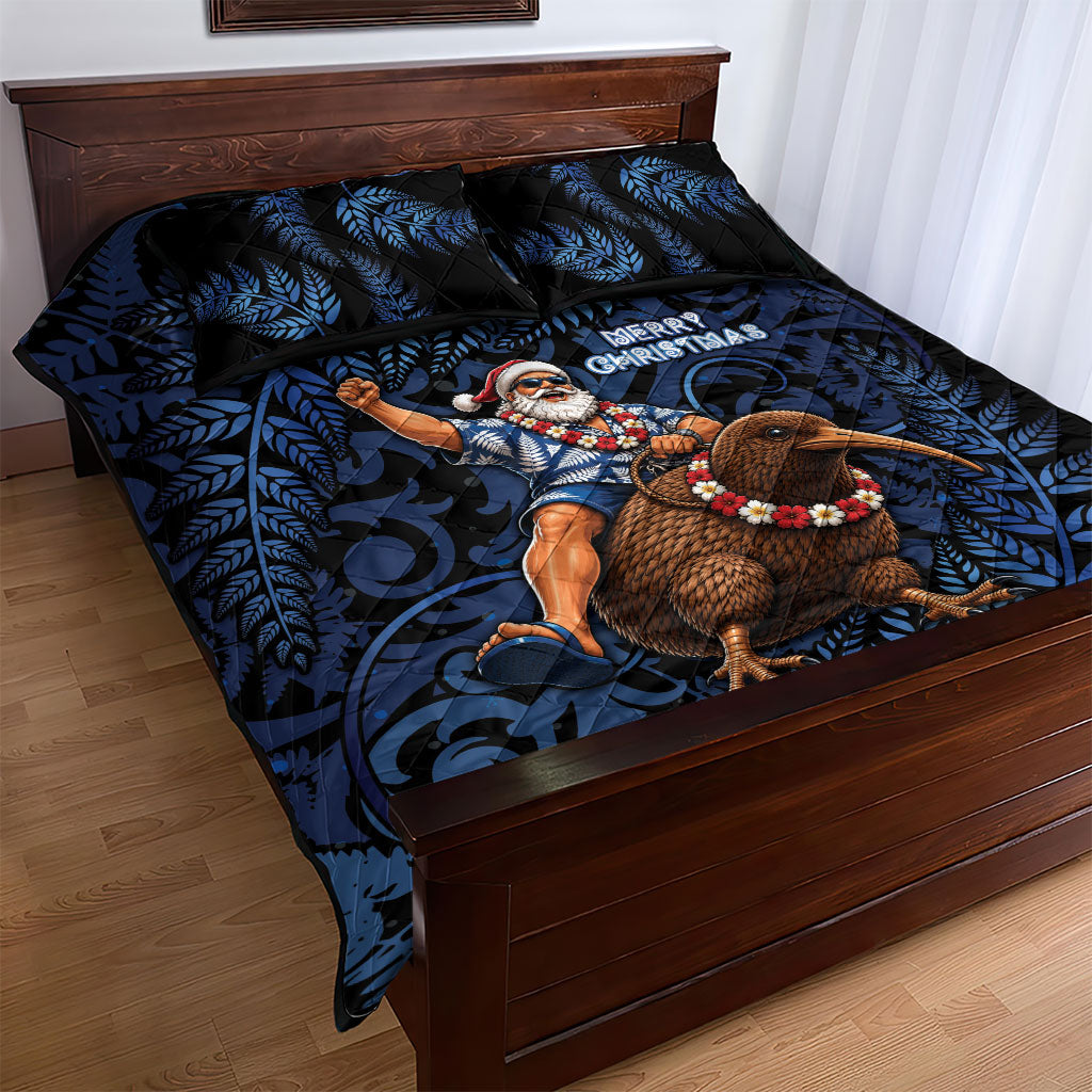 New Zealand Christmas Quilt Bed Set Santa Riding Kiwi Bird Silver Fern