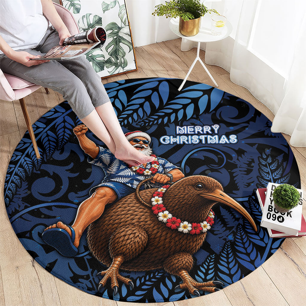 New Zealand Christmas Round Carpet Santa Riding Kiwi Bird Silver Fern