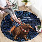 New Zealand Christmas Round Carpet Santa Riding Kiwi Bird Silver Fern