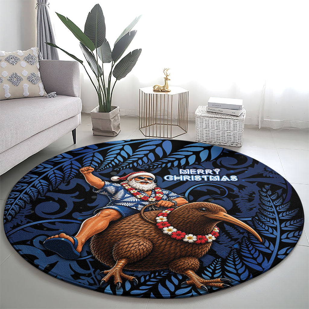 New Zealand Christmas Round Carpet Santa Riding Kiwi Bird Silver Fern