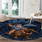 New Zealand Christmas Round Carpet Santa Riding Kiwi Bird Silver Fern