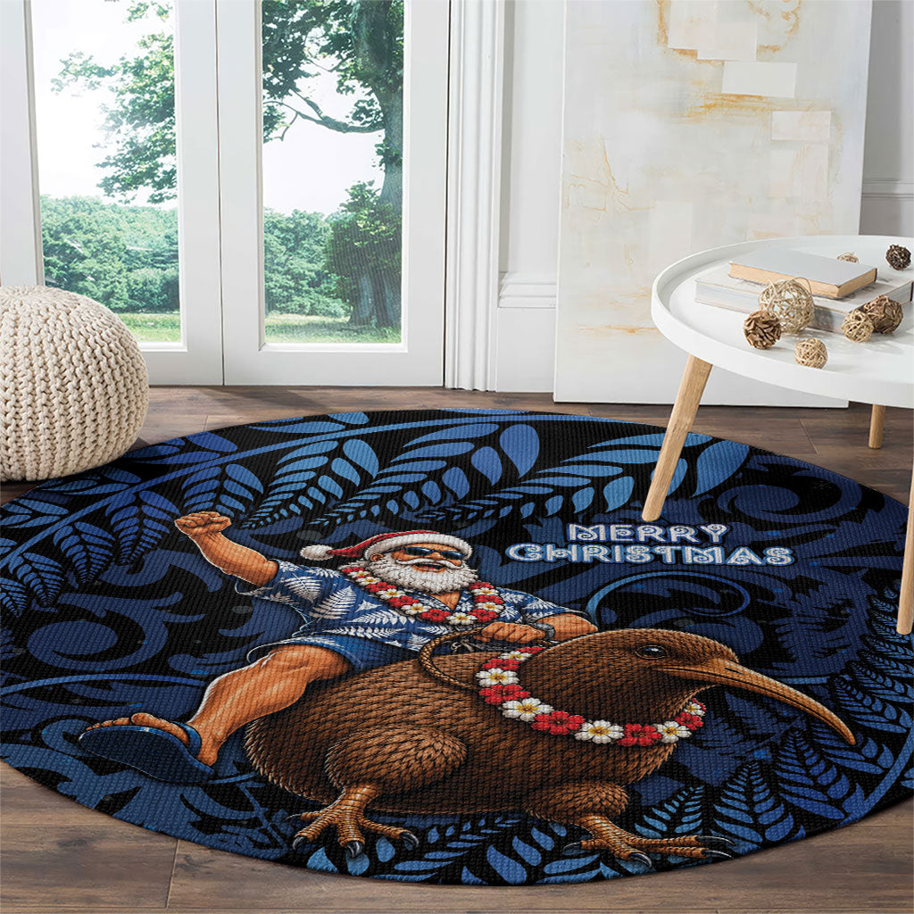 New Zealand Christmas Round Carpet Santa Riding Kiwi Bird Silver Fern