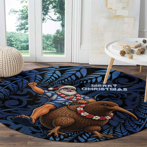 New Zealand Christmas Round Carpet Santa Riding Kiwi Bird Silver Fern