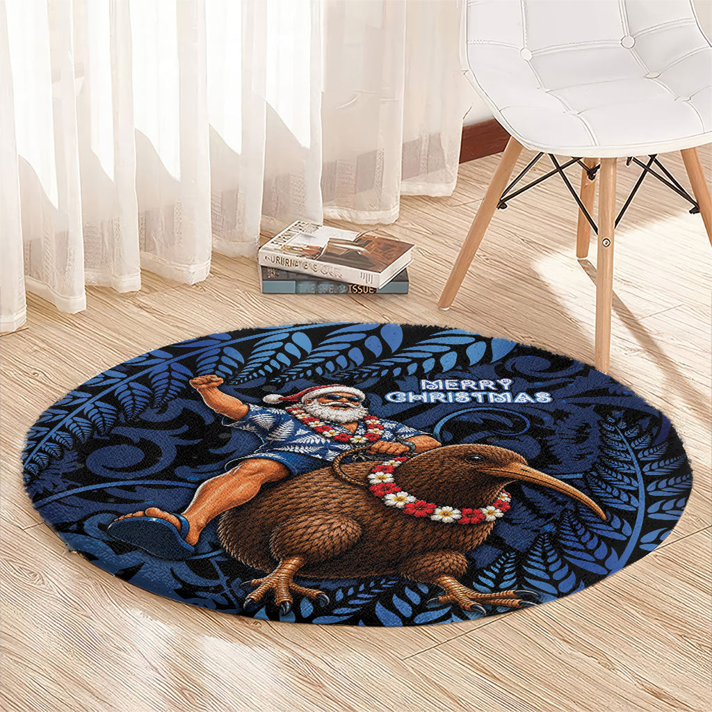 New Zealand Christmas Round Carpet Santa Riding Kiwi Bird Silver Fern