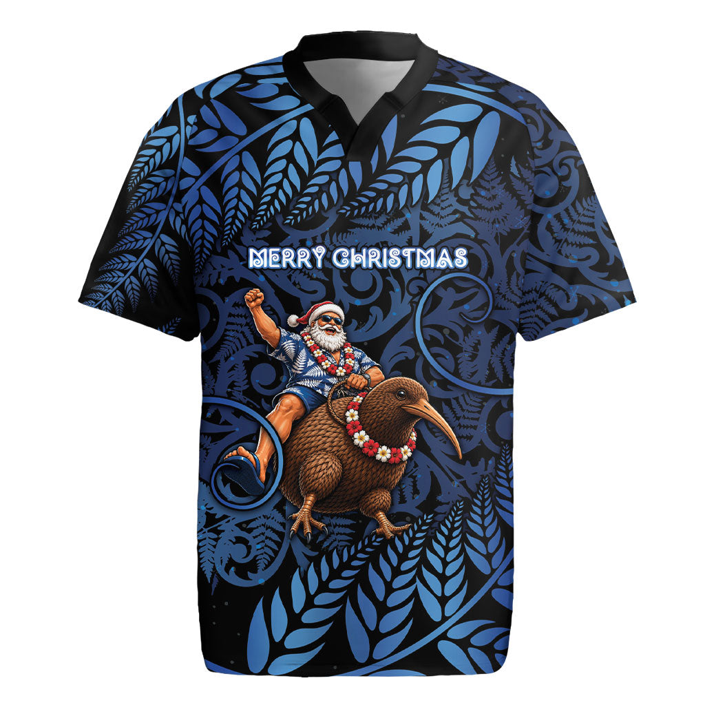 New Zealand Christmas Rugby Jersey Santa Riding Kiwi Bird Silver Fern
