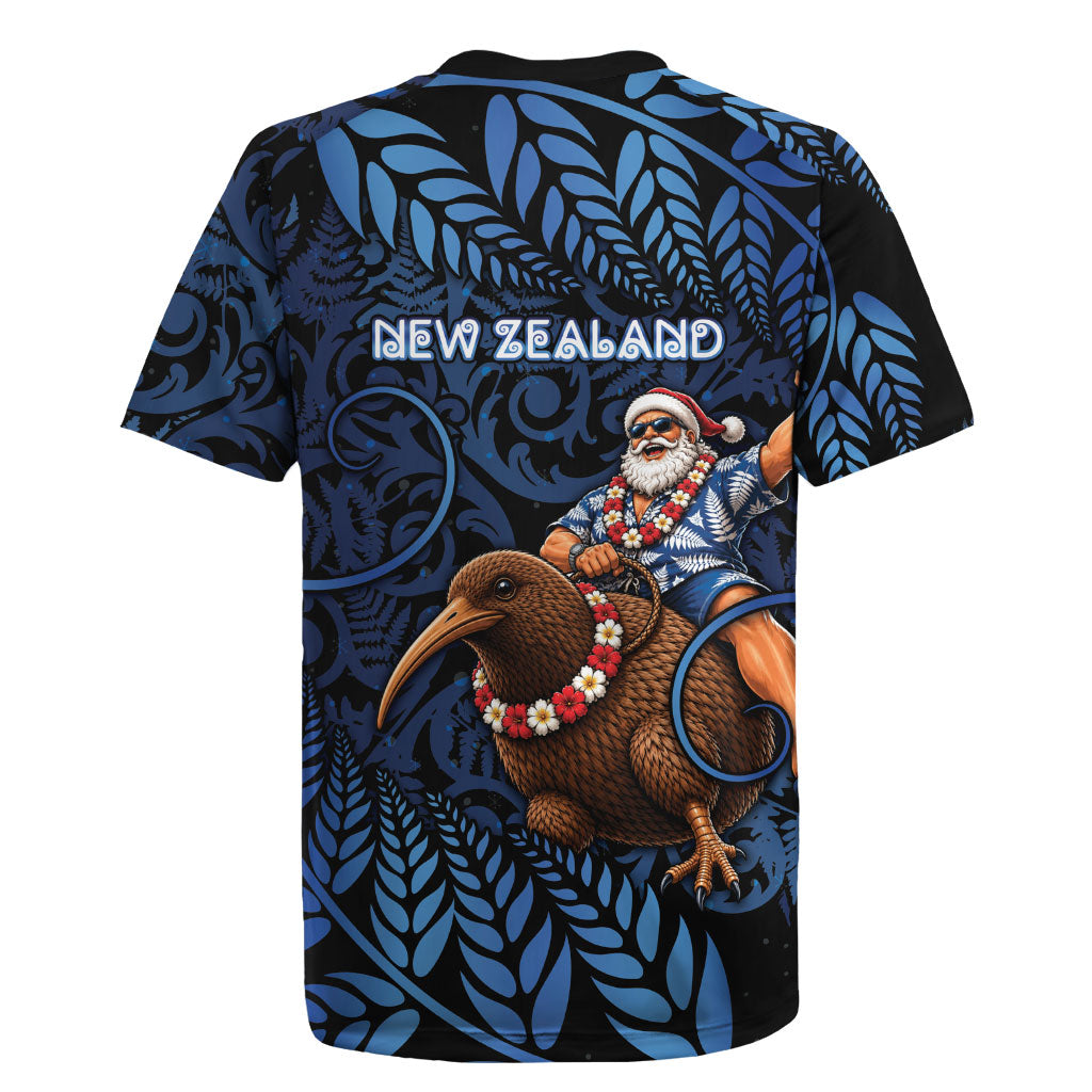 New Zealand Christmas Rugby Jersey Santa Riding Kiwi Bird Silver Fern