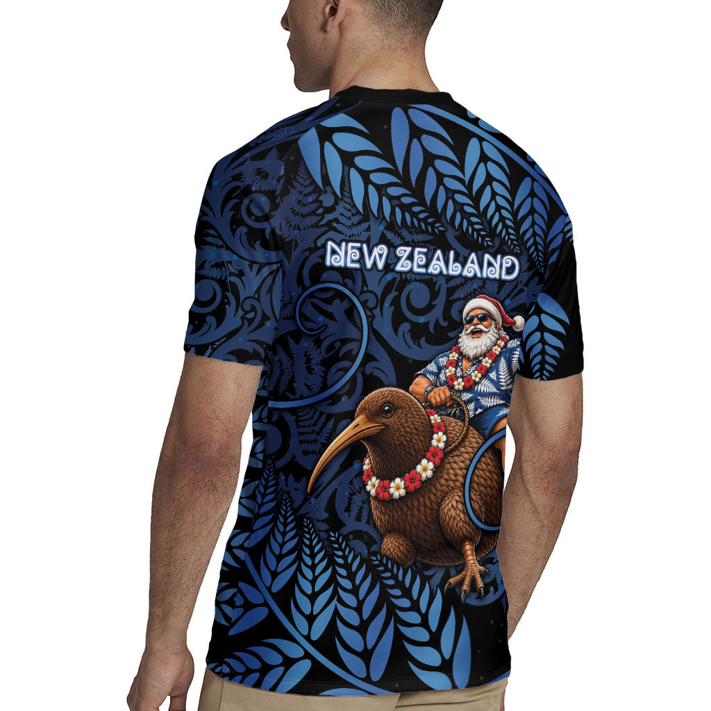New Zealand Christmas Rugby Jersey Santa Riding Kiwi Bird Silver Fern