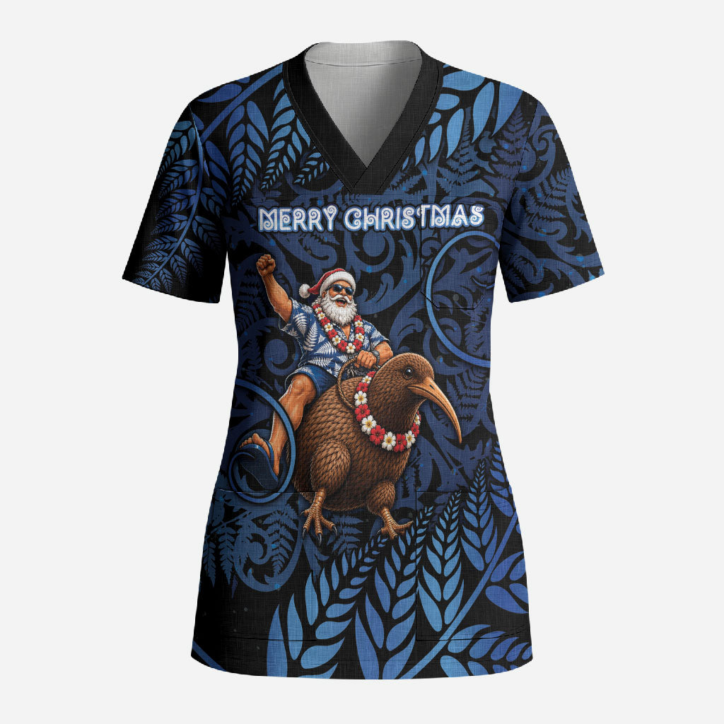 New Zealand Christmas Scrub Top Santa Riding Kiwi Bird Silver Fern