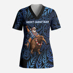 New Zealand Christmas Scrub Top Santa Riding Kiwi Bird Silver Fern