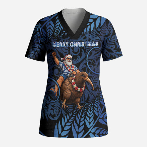 New Zealand Christmas Scrub Top Santa Riding Kiwi Bird Silver Fern