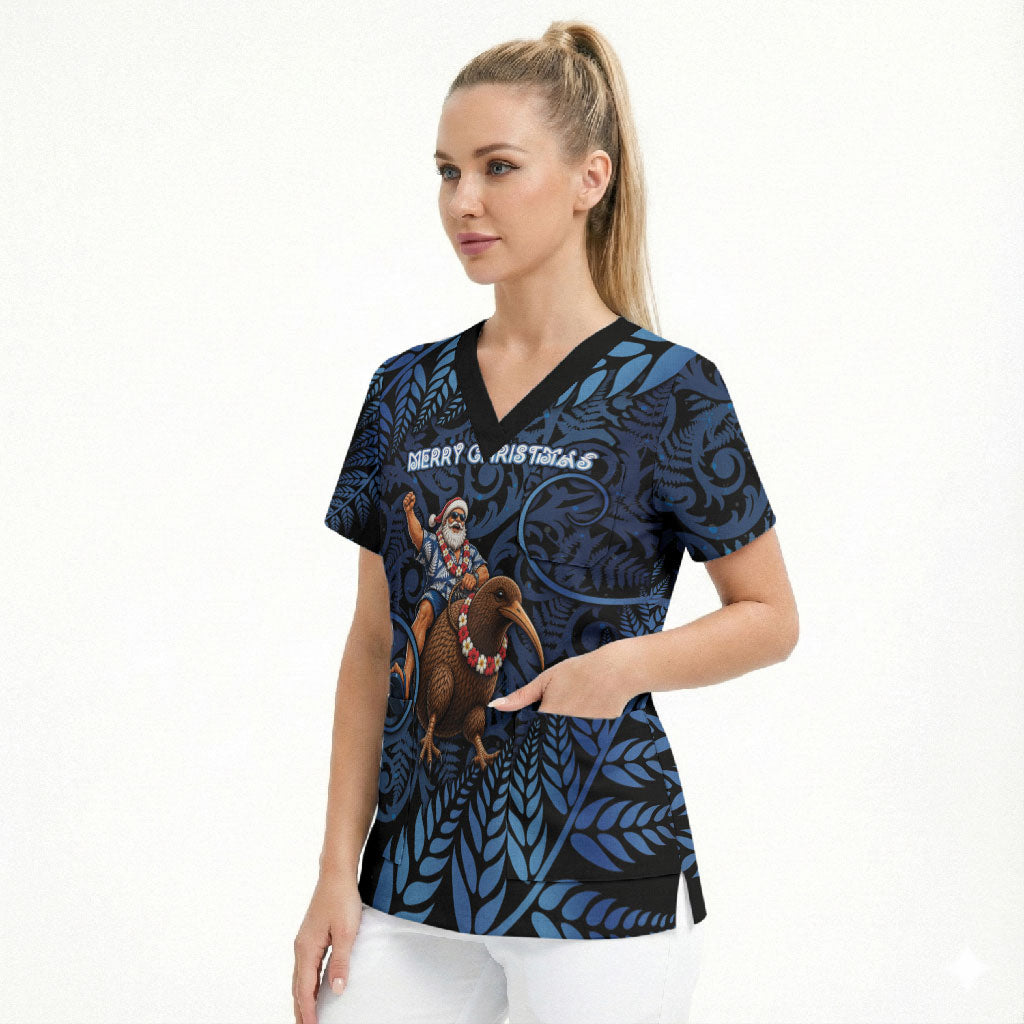 New Zealand Christmas Scrub Top Santa Riding Kiwi Bird Silver Fern