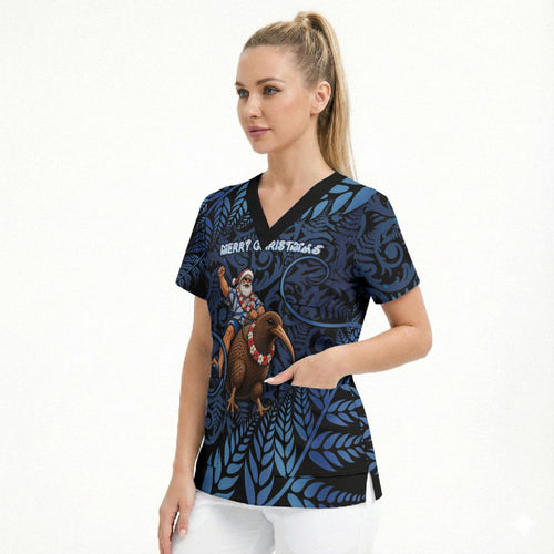 New Zealand Christmas Scrub Top Santa Riding Kiwi Bird Silver Fern