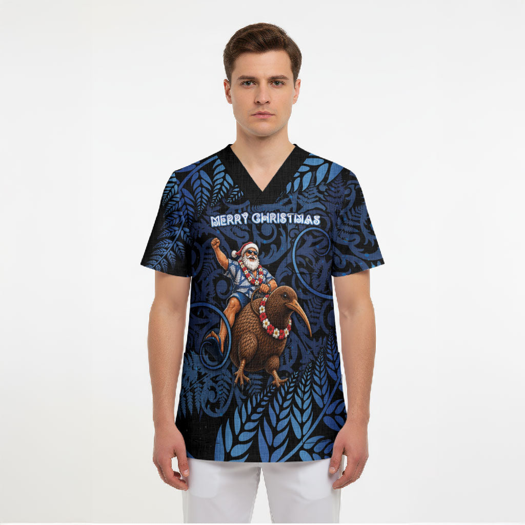 New Zealand Christmas Scrub Top Santa Riding Kiwi Bird Silver Fern