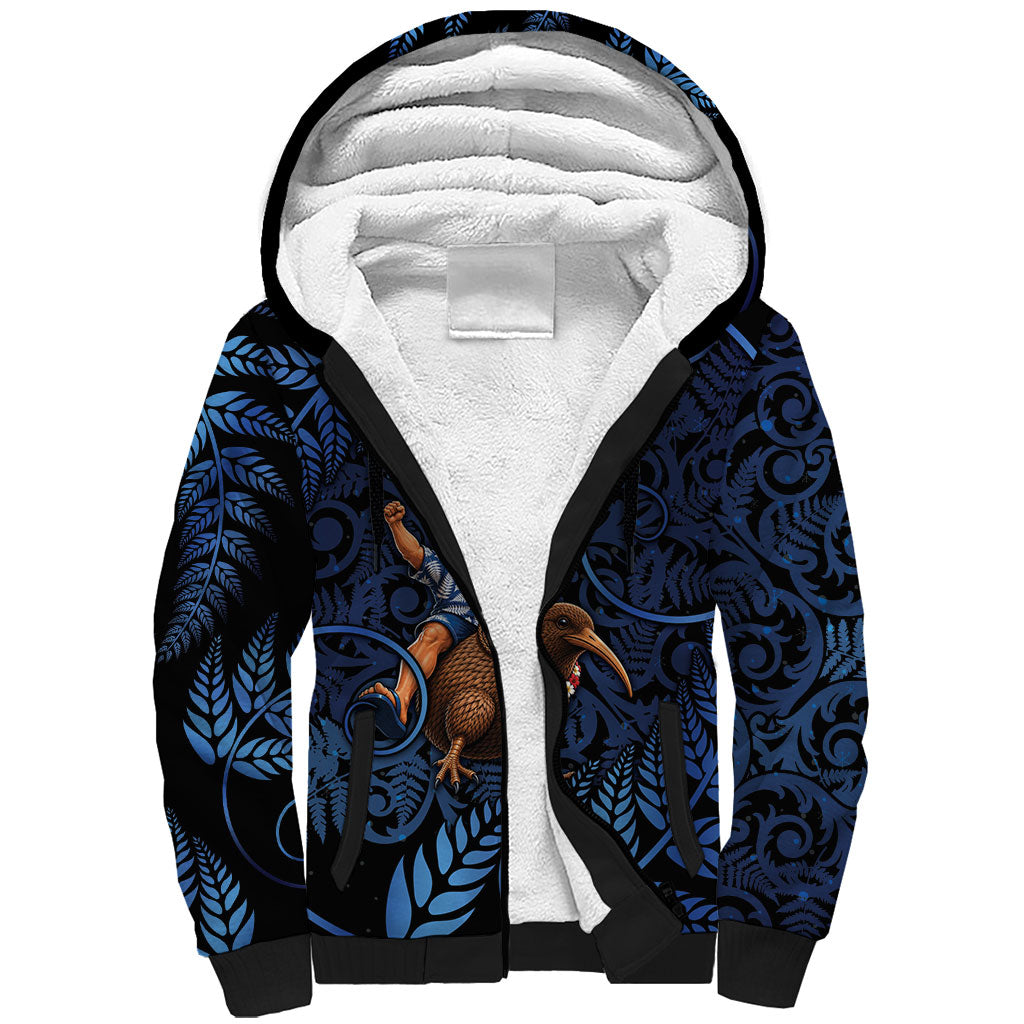 New Zealand Christmas Sherpa Hoodie Santa Riding Kiwi Bird Silver Fern