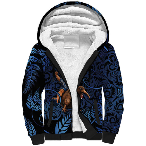 New Zealand Christmas Sherpa Hoodie Santa Riding Kiwi Bird Silver Fern