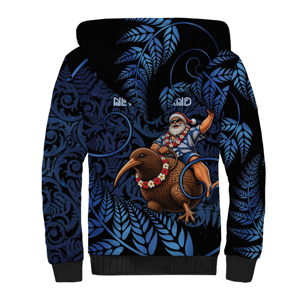 New Zealand Christmas Sherpa Hoodie Santa Riding Kiwi Bird Silver Fern