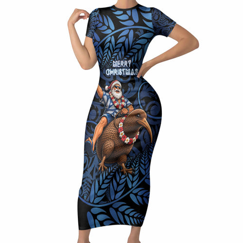 New Zealand Christmas Short Sleeve Bodycon Dress Santa Riding Kiwi Bird Silver Fern