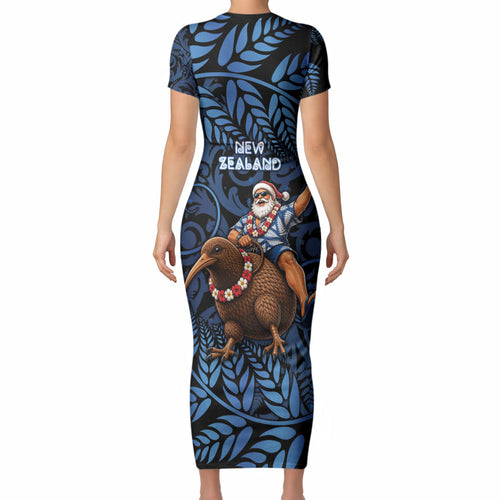 New Zealand Christmas Short Sleeve Bodycon Dress Santa Riding Kiwi Bird Silver Fern