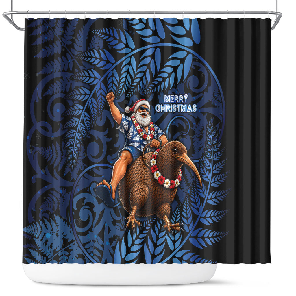 New Zealand Christmas Shower Curtain Santa Riding Kiwi Bird Silver Fern