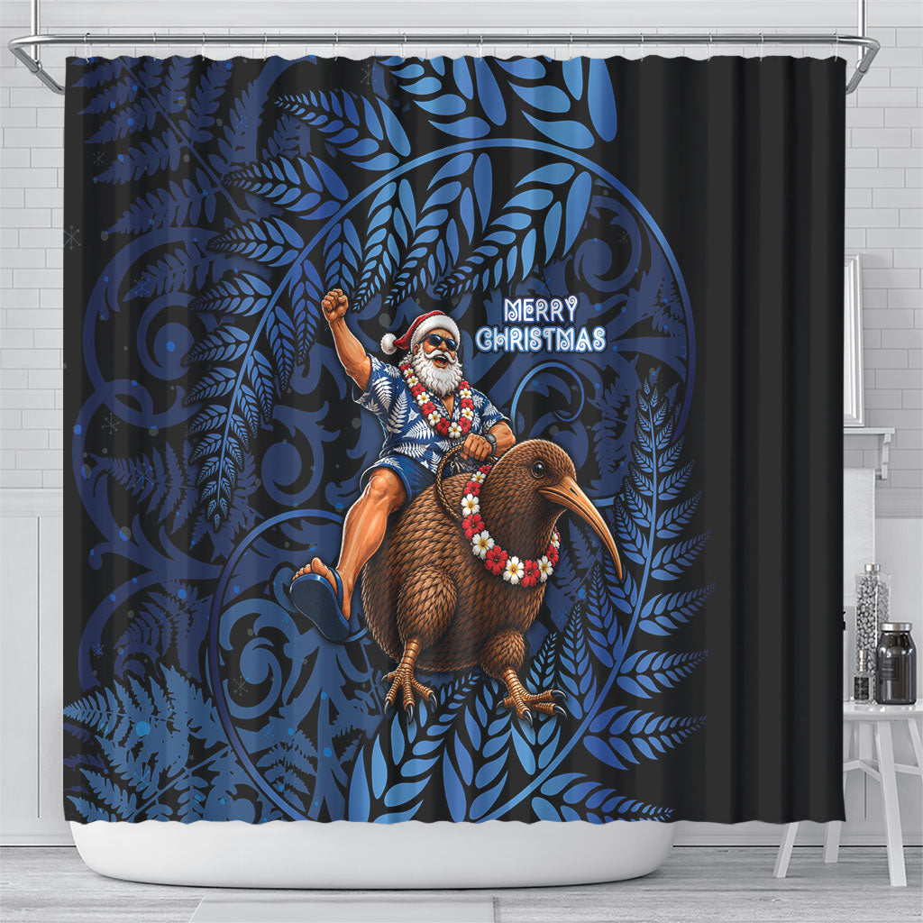 New Zealand Christmas Shower Curtain Santa Riding Kiwi Bird Silver Fern