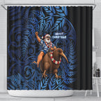 New Zealand Christmas Shower Curtain Santa Riding Kiwi Bird Silver Fern
