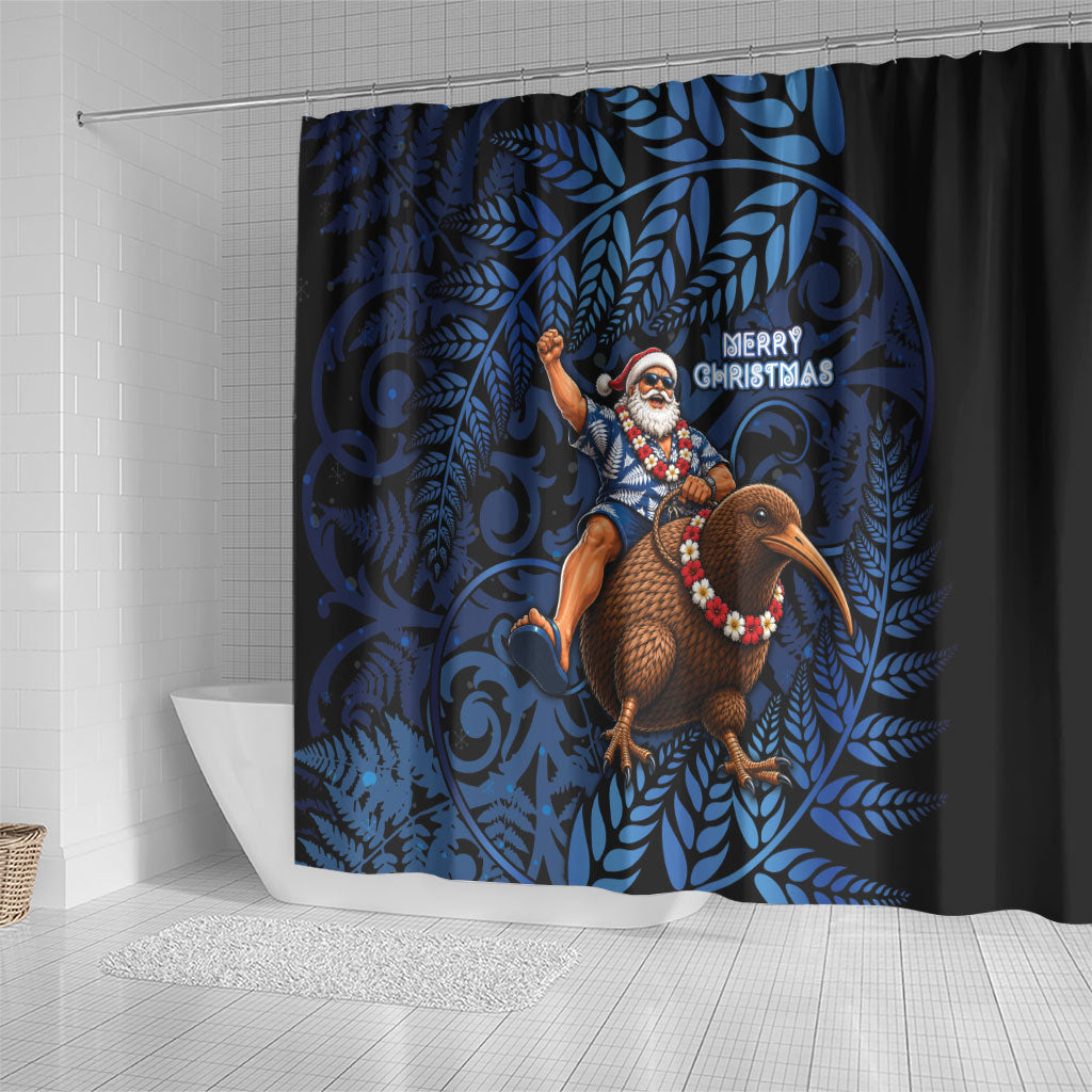 New Zealand Christmas Shower Curtain Santa Riding Kiwi Bird Silver Fern