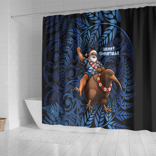 New Zealand Christmas Shower Curtain Santa Riding Kiwi Bird Silver Fern
