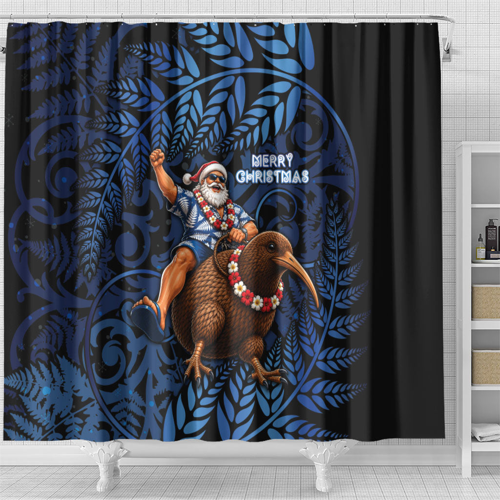 New Zealand Christmas Shower Curtain Santa Riding Kiwi Bird Silver Fern