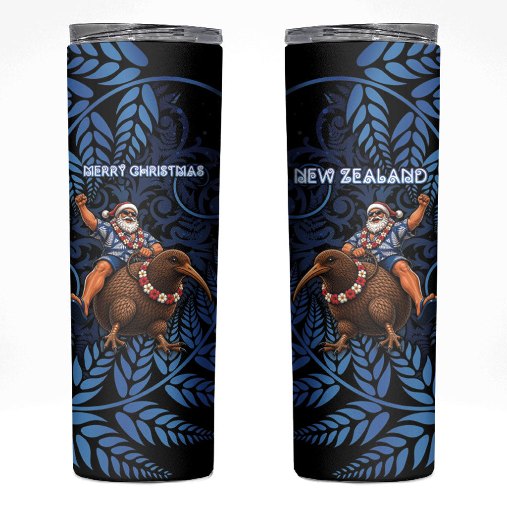 New Zealand Christmas Skinny Tumbler Santa Riding Kiwi Bird Silver Fern