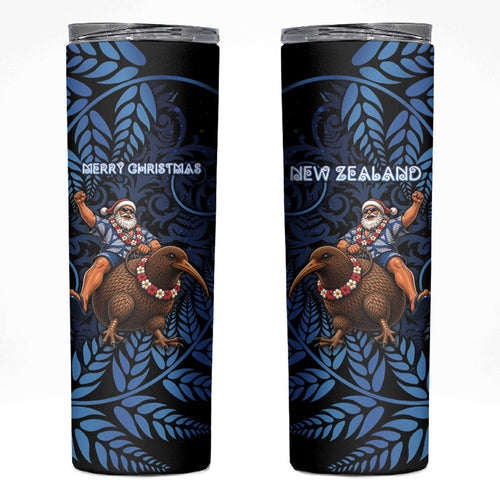 New Zealand Christmas Skinny Tumbler Santa Riding Kiwi Bird Silver Fern