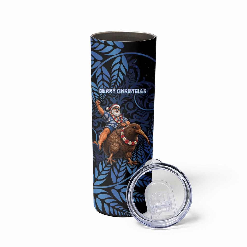 New Zealand Christmas Skinny Tumbler Santa Riding Kiwi Bird Silver Fern