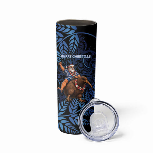 New Zealand Christmas Skinny Tumbler Santa Riding Kiwi Bird Silver Fern