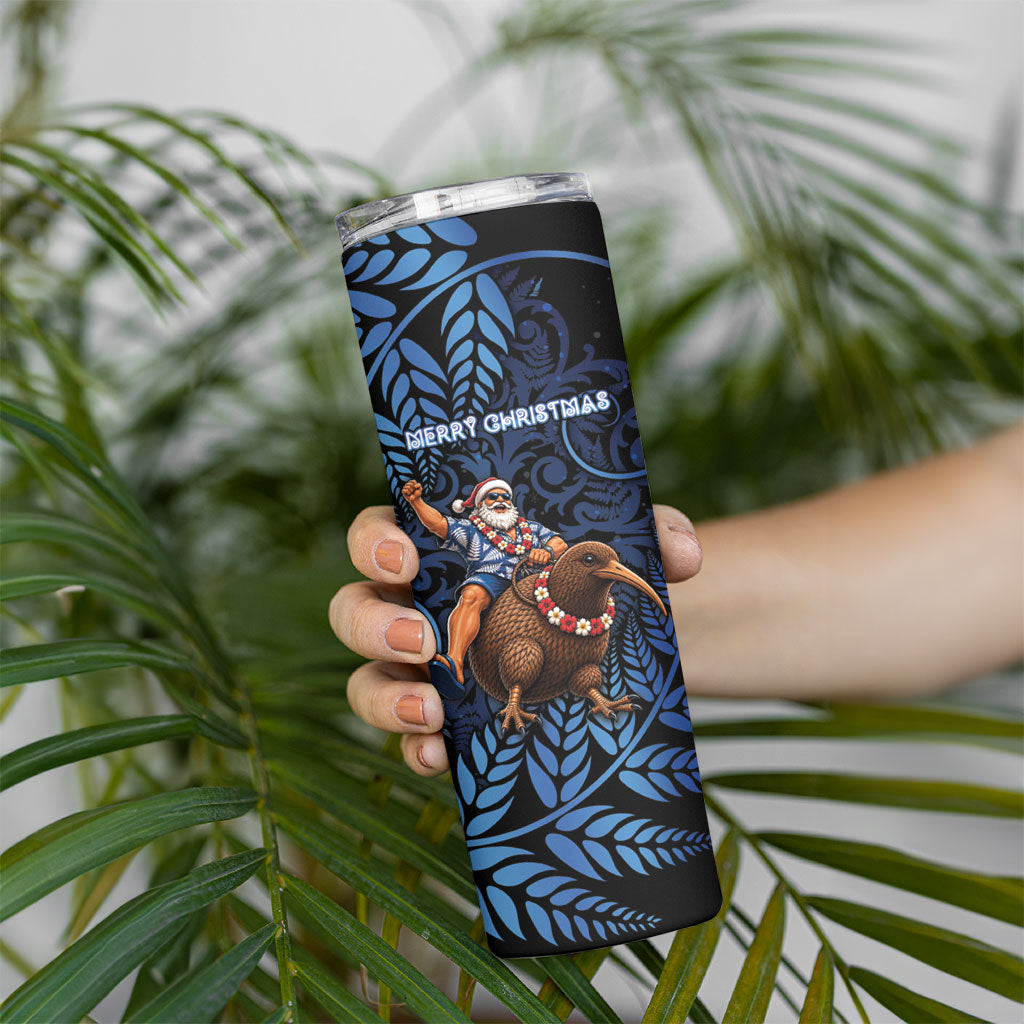New Zealand Christmas Skinny Tumbler Santa Riding Kiwi Bird Silver Fern