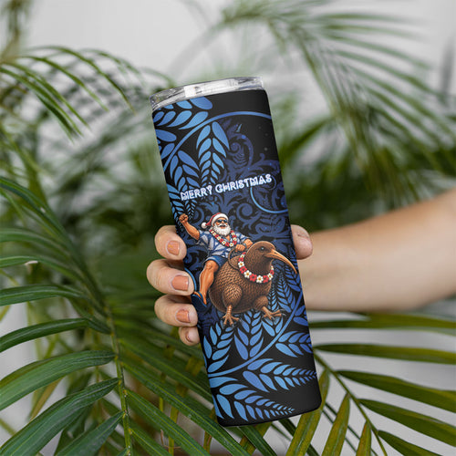 New Zealand Christmas Skinny Tumbler Santa Riding Kiwi Bird Silver Fern