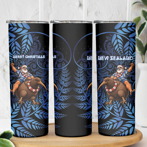 New Zealand Christmas Skinny Tumbler Santa Riding Kiwi Bird Silver Fern